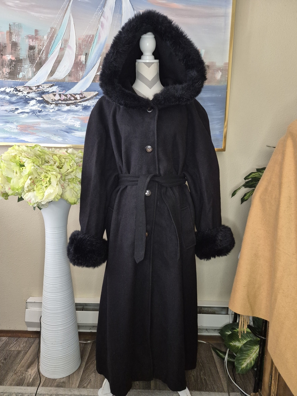 Vintage CBO Long Black Trench Coat with Fur Hood and Cuffs
